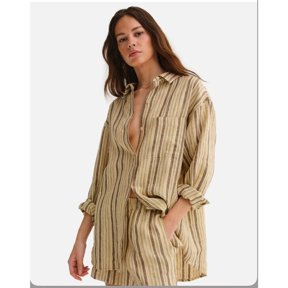 Mate the label organic Linen Oversized Button Down Shirt SZ XL Straw Stripe